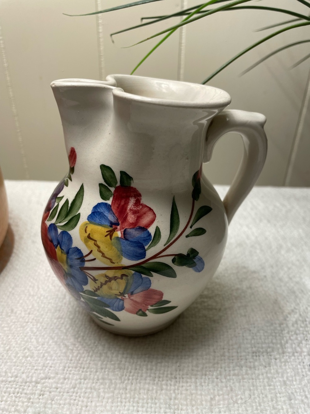 Hand-Painted Floral Ceramic Pitcher - White with Red, Blue, Yellow Flowers